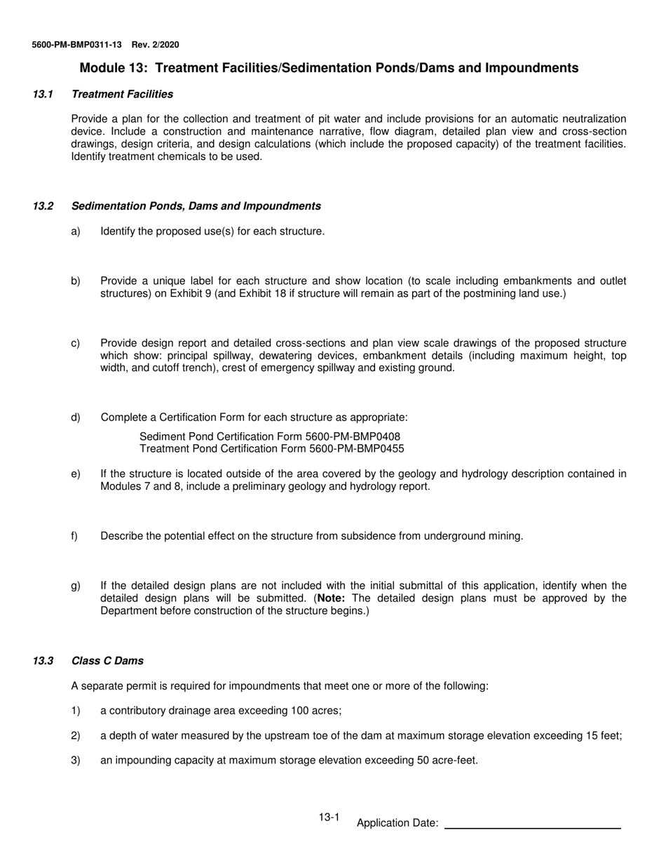 Form 5600-PM-BMP0311-13 Module 13: Treatment Facilities / Sedimentation Ponds / Dams and Impoundments - Pennsylvania, Page 1