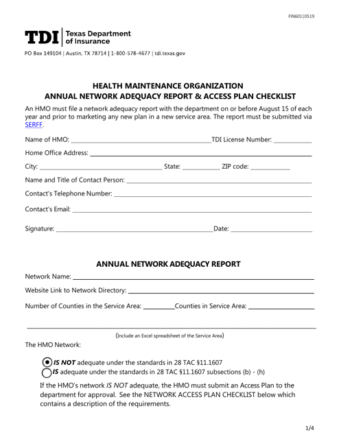 Form FIN601 Health Maintenance Organization Annual Network Adequacy Report & Access Plan Checklist - Texas