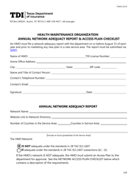 Form FIN601 Health Maintenance Organization Annual Network Adequacy Report &amp; Access Plan Checklist - Texas
