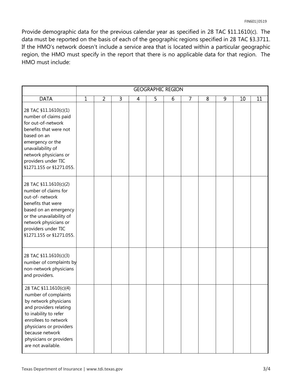Form FIN601 Health Maintenance Organization Annual Network Adequacy Report  Access Plan Checklist - Texas, Page 3