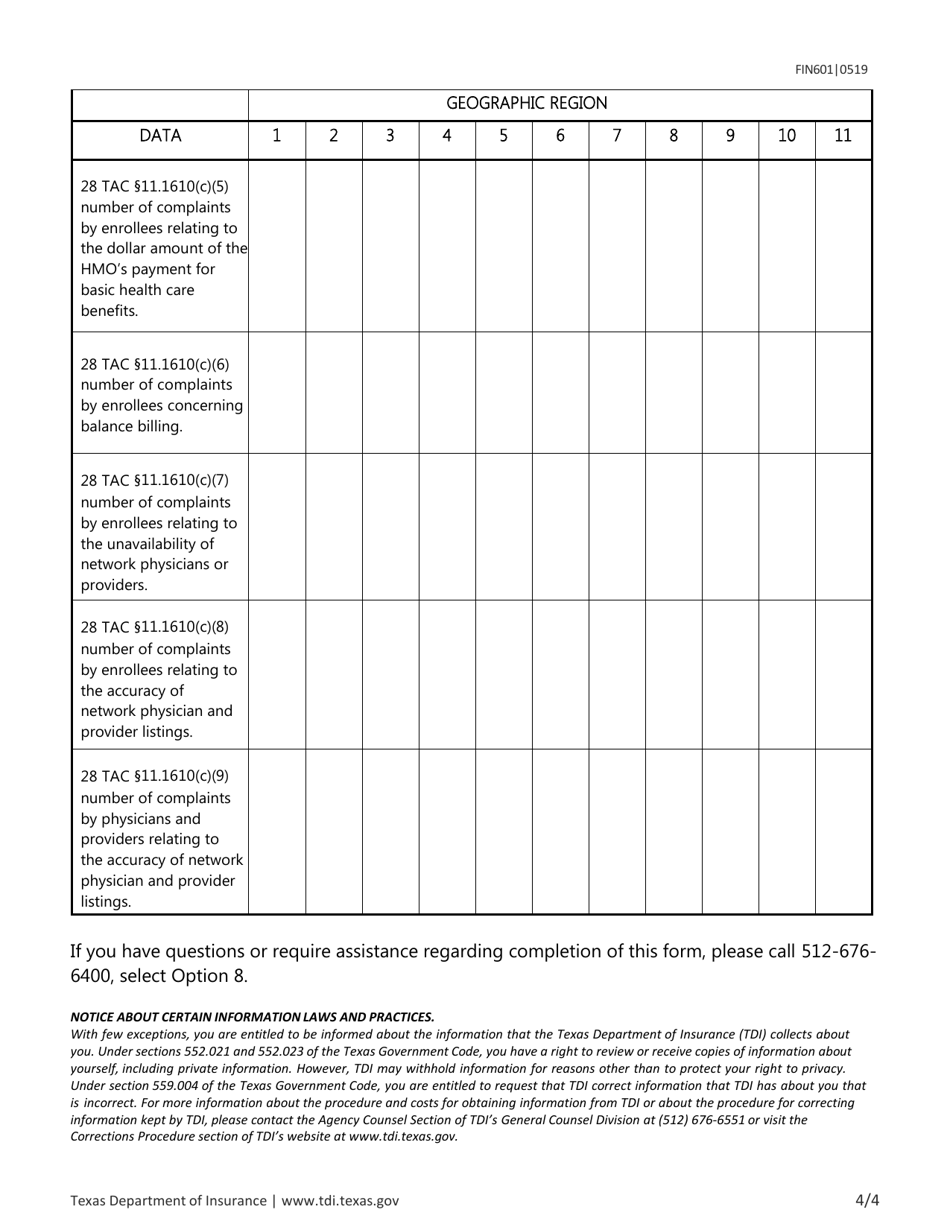 Form FIN601 Health Maintenance Organization Annual Network Adequacy Report  Access Plan Checklist - Texas, Page 4