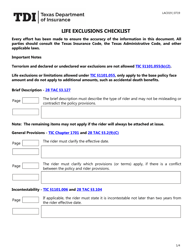 Form LAC019 Life Exclusions Checklist - Texas