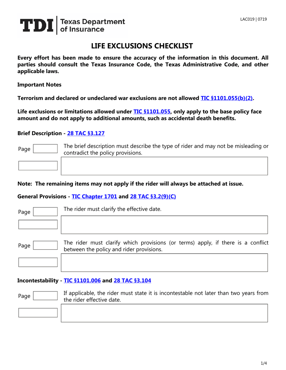 Form LAC019 Life Exclusions Checklist - Texas, Page 1