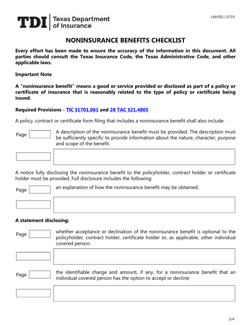 Form LAH301 Noninsurance Benefits Checklist - Texas