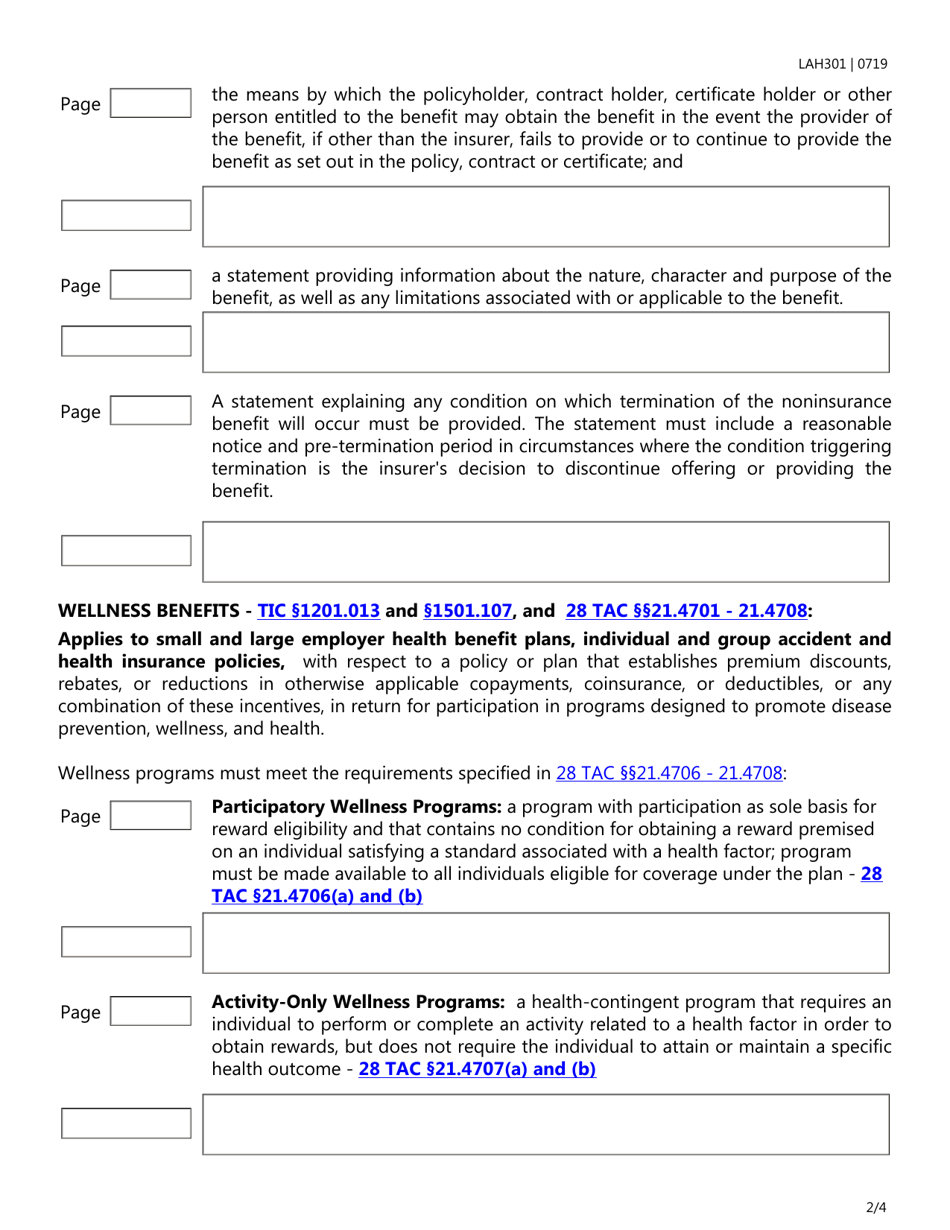 Form LAH301 Noninsurance Benefits Checklist - Texas, Page 2