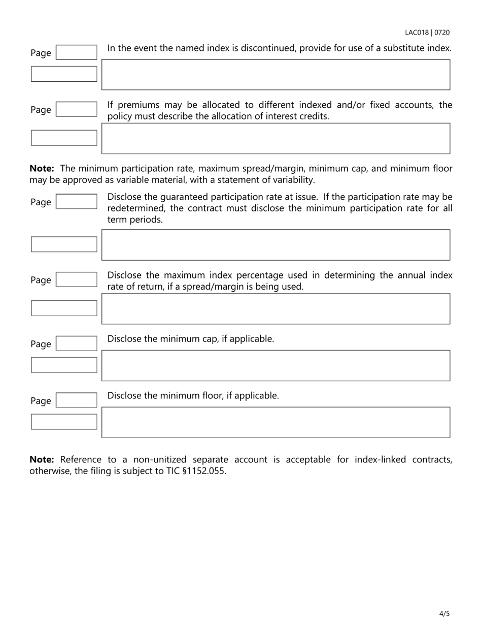 Form LAC018 Index-Linked Crediting Features Checklist - Texas, Page 4