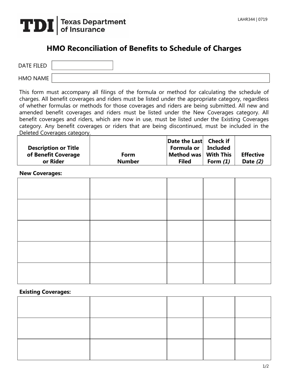 Form LAHR344 HMO Reconciliation of Benefits to Schedule of Charges - Texas, Page 1