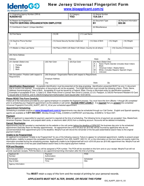 New Jersey Universal Fingerprint Form - Youth Serving Organization Employee - New Jersey Download Pdf