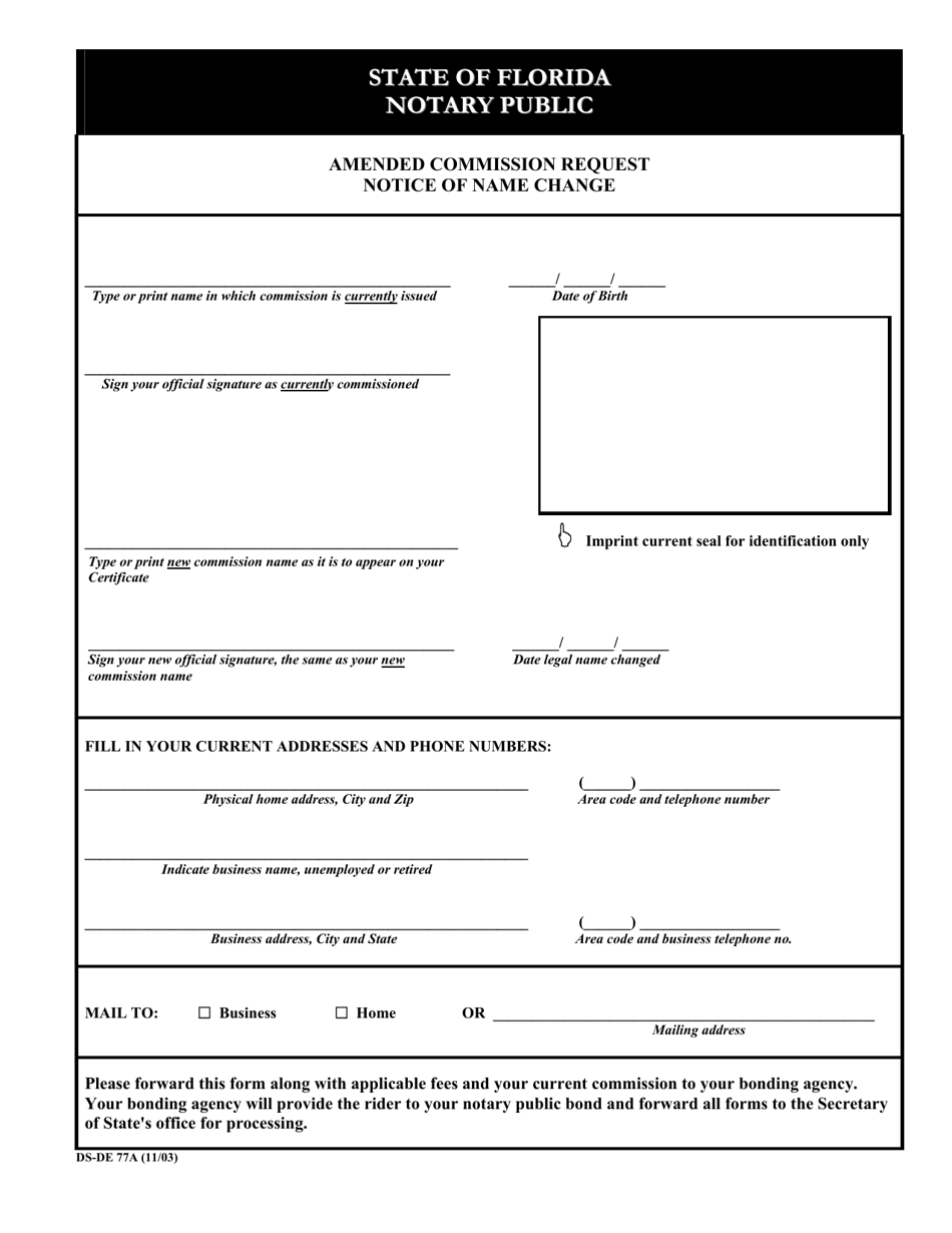 Form DS-DE77A Amended Commission Request Notice of Name Change - Florida, Page 1