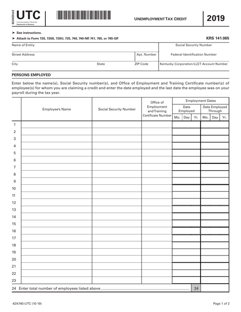 Form 42A740-UTC Schedule UTC Unemployment Tax Credit - Kentucky, 2019