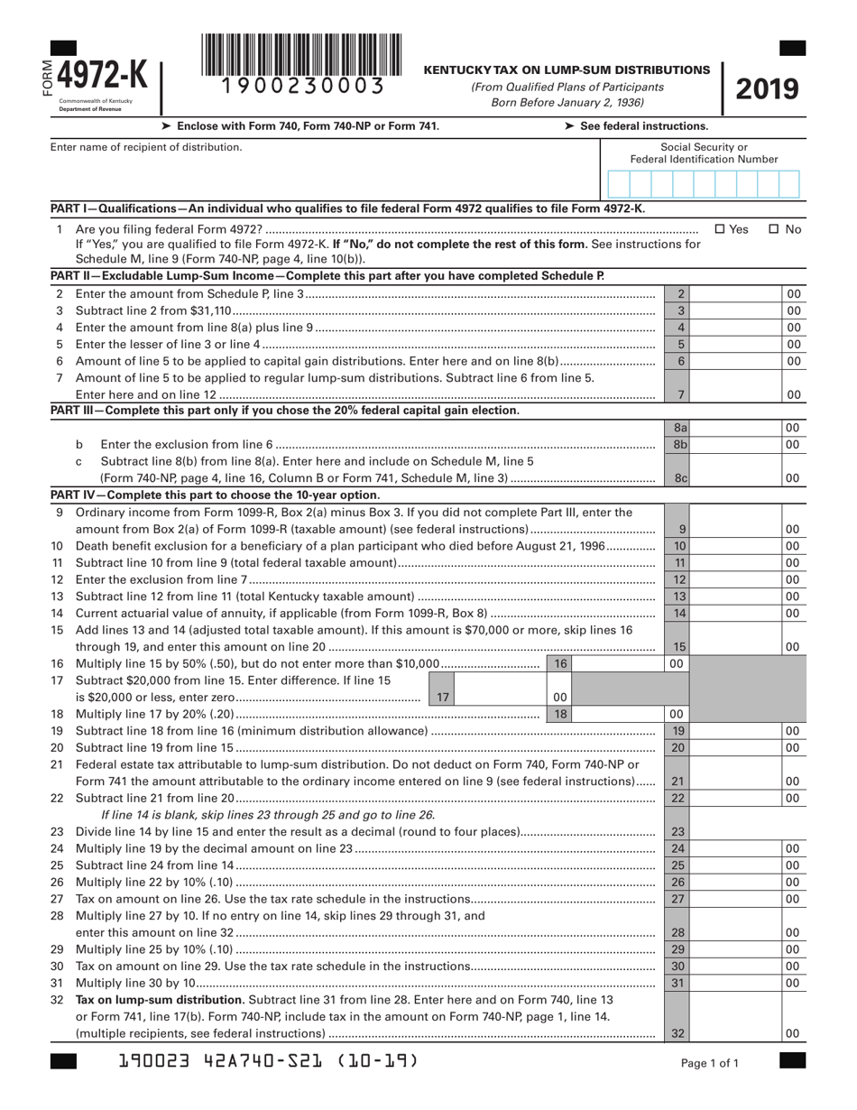 Form 4972-K Kentucky Tax on Lump-Sum Distributions - Kentucky, Page 1