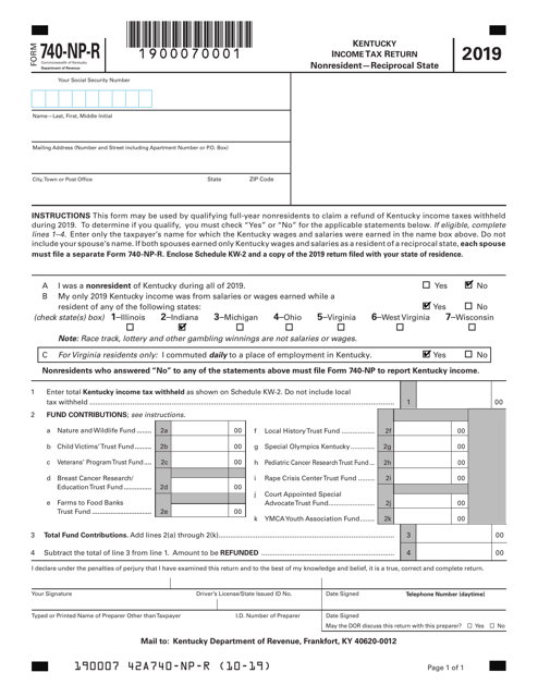 Form 740-NP-R Kentucky Income Tax Return (Nonresident - Reciprocal State) - Kentucky, 2019