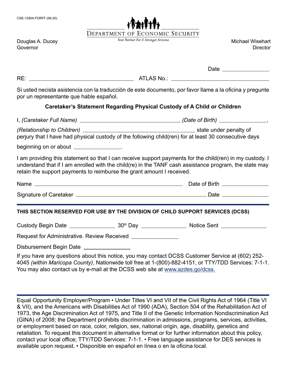 Form CSE-1290A Caretaker's Statement Regarding Physical Custody of a Child or Children - Arizona, Page 1