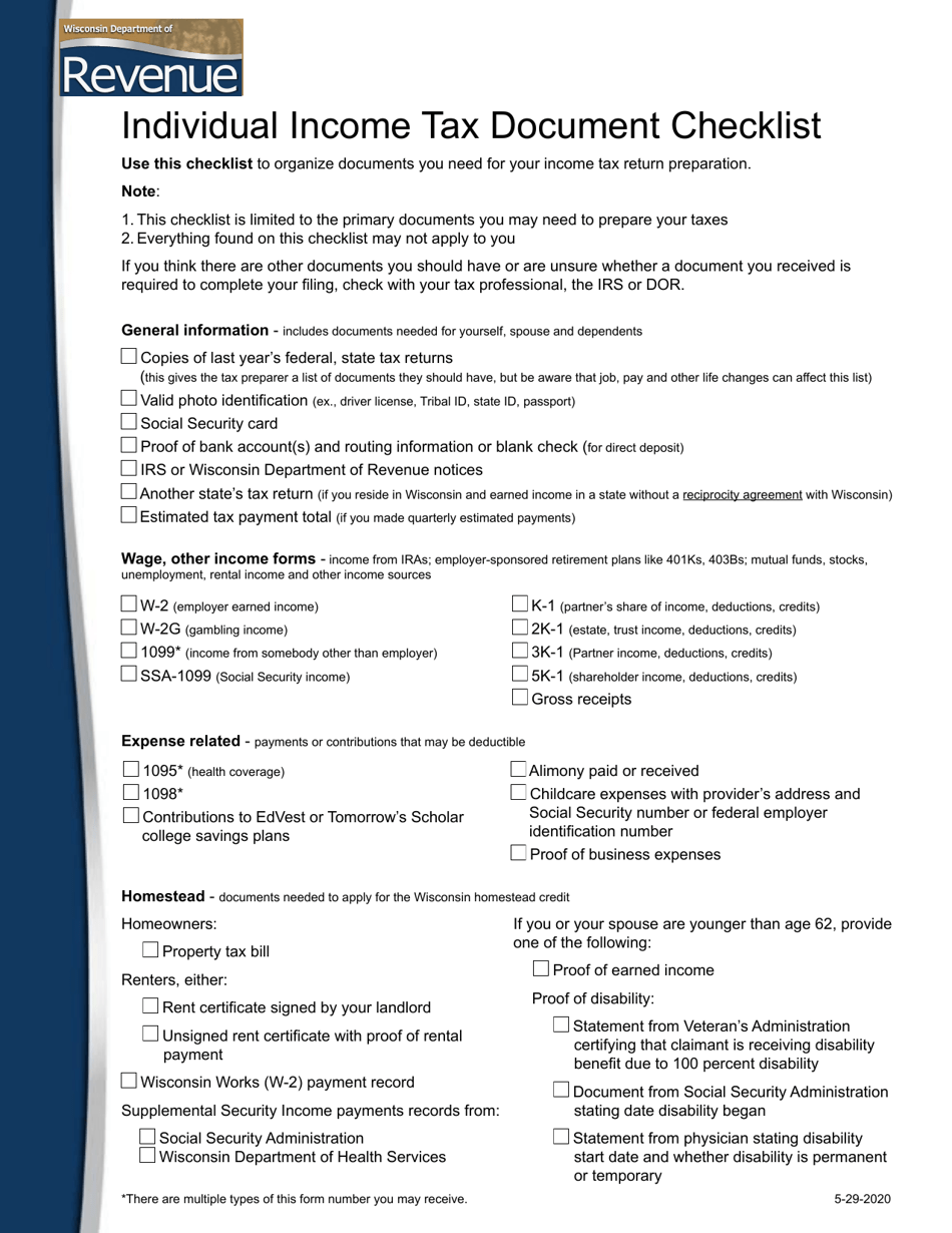 Individual Income Tax Document Checklist - Wisconsin, Page 1