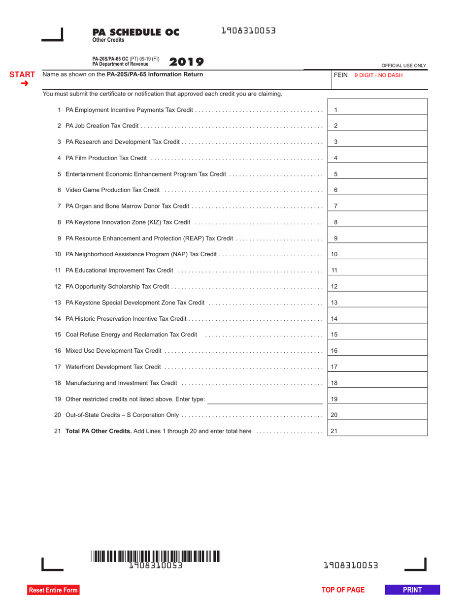 Form PA-20S (PA-65) Schedule OC Other Credits - Pennsylvania, Page 1