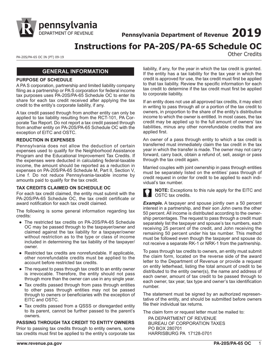 Form PA-20S (PA-65) Schedule OC Other Credits - Pennsylvania, Page 3