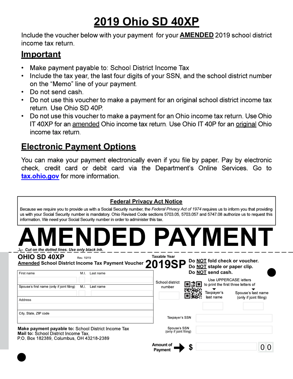 Form SD40XP Amended School District Income Tax Payment Voucher - Ohio, Page 1