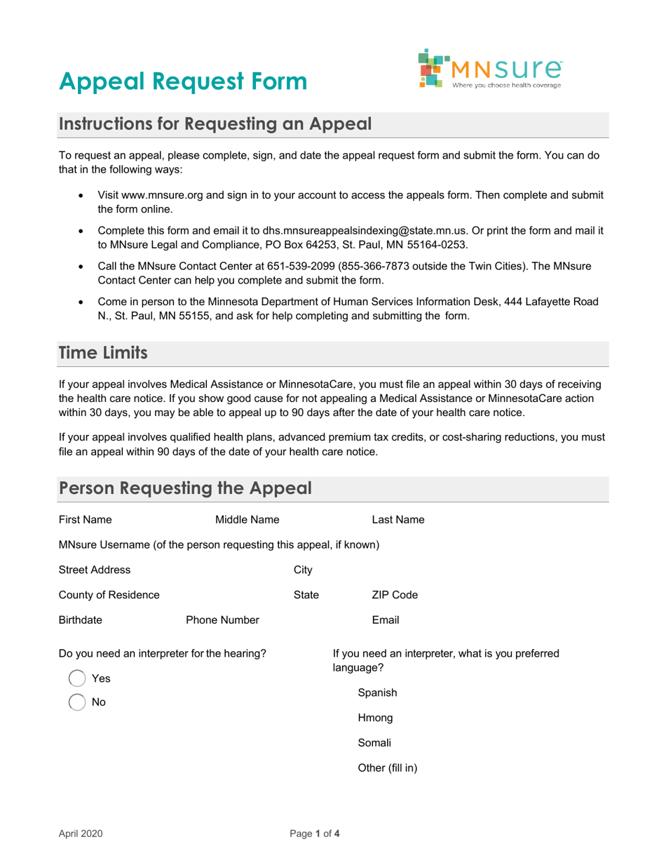 Appeal Request Form - Minnesota, Page 1