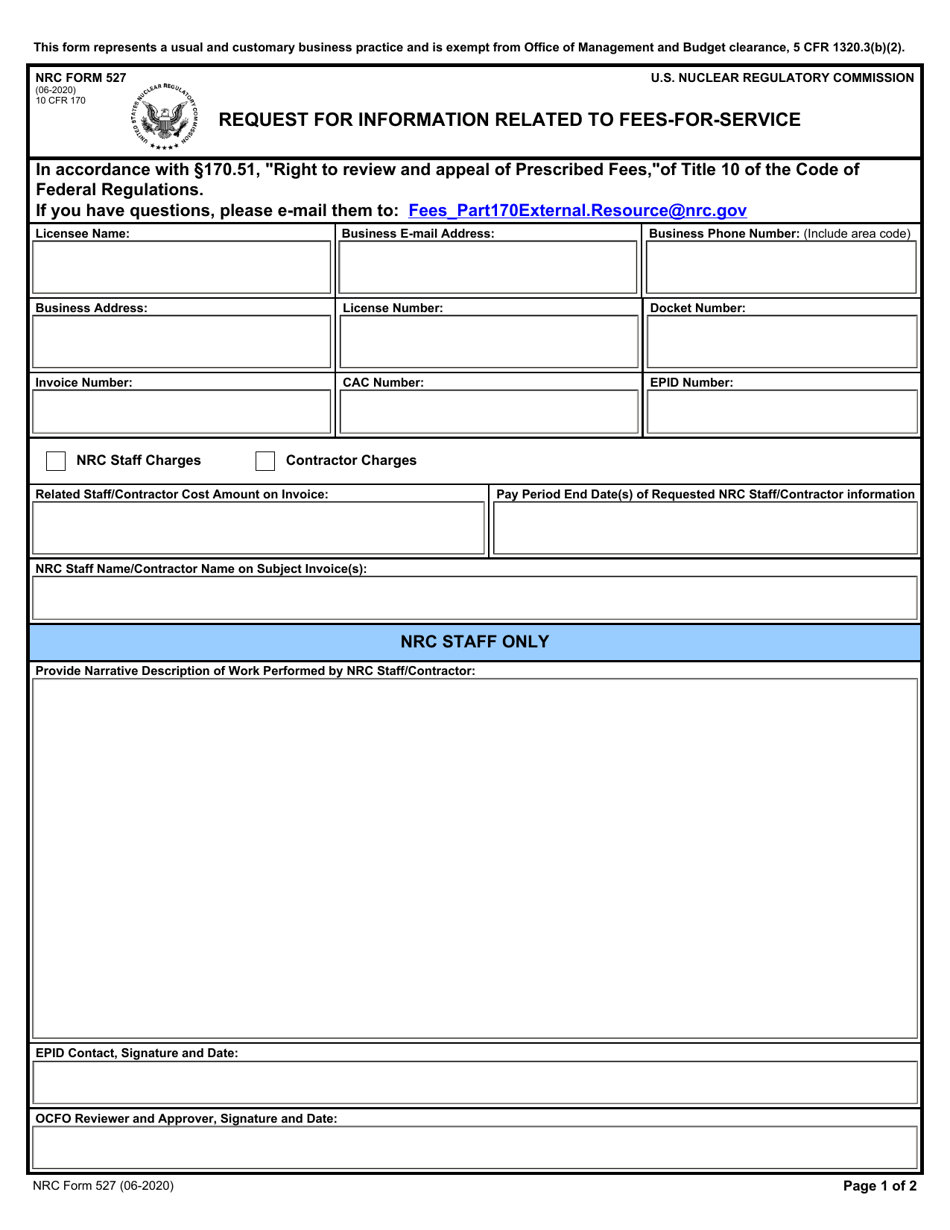 NRC Form 527 Request for Information Related to Fees-For-Service, Page 1