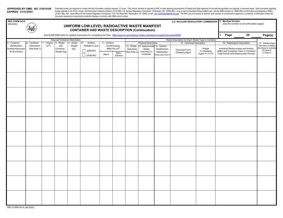 NRC Form 541A Uniform Low-Level Radioactive Waste Manifest Container and Waste Description (Continuation), Page 1