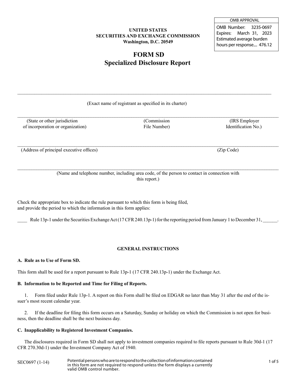 Form SD (SEC Form 0697) Specialized Disclosure Report, Page 1
