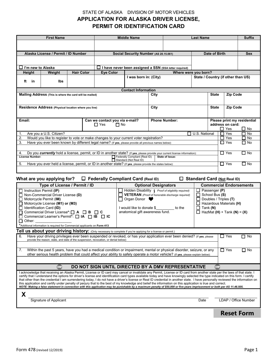 Form 478 Download Fillable PDF Or Fill Online Application For Alaska 