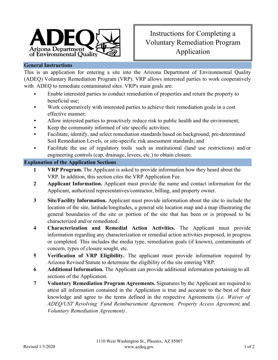 Voluntary Remediation Program Application - Arizona, Page 1