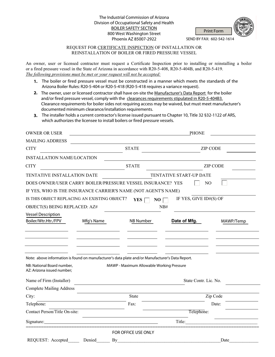 Request for Certificate Inspection of Installation or Reinstallation of Boiler or Fired Pressure Vessel - Arizona, Page 1