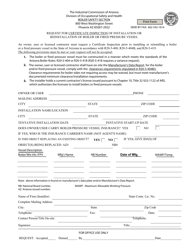 Document preview: Request for Certificate Inspection of Installation or Reinstallation of Boiler or Fired Pressure Vessel - Arizona