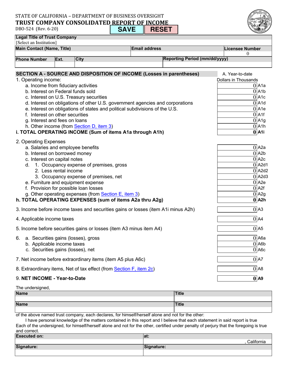 Form DBO-524 Trust Company Consolidated Report of Income - California, Page 1