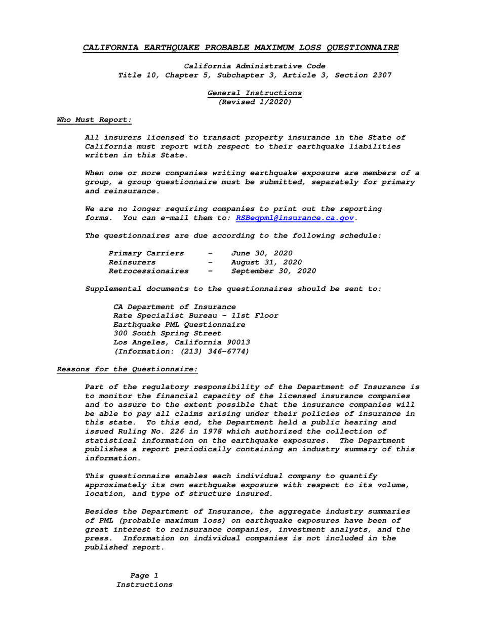 Instructions for California Earthquake Probable Maximum Loss Questionnaire - California, Page 1