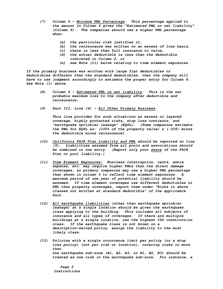 California earthquake probable maximum loss questionnaire