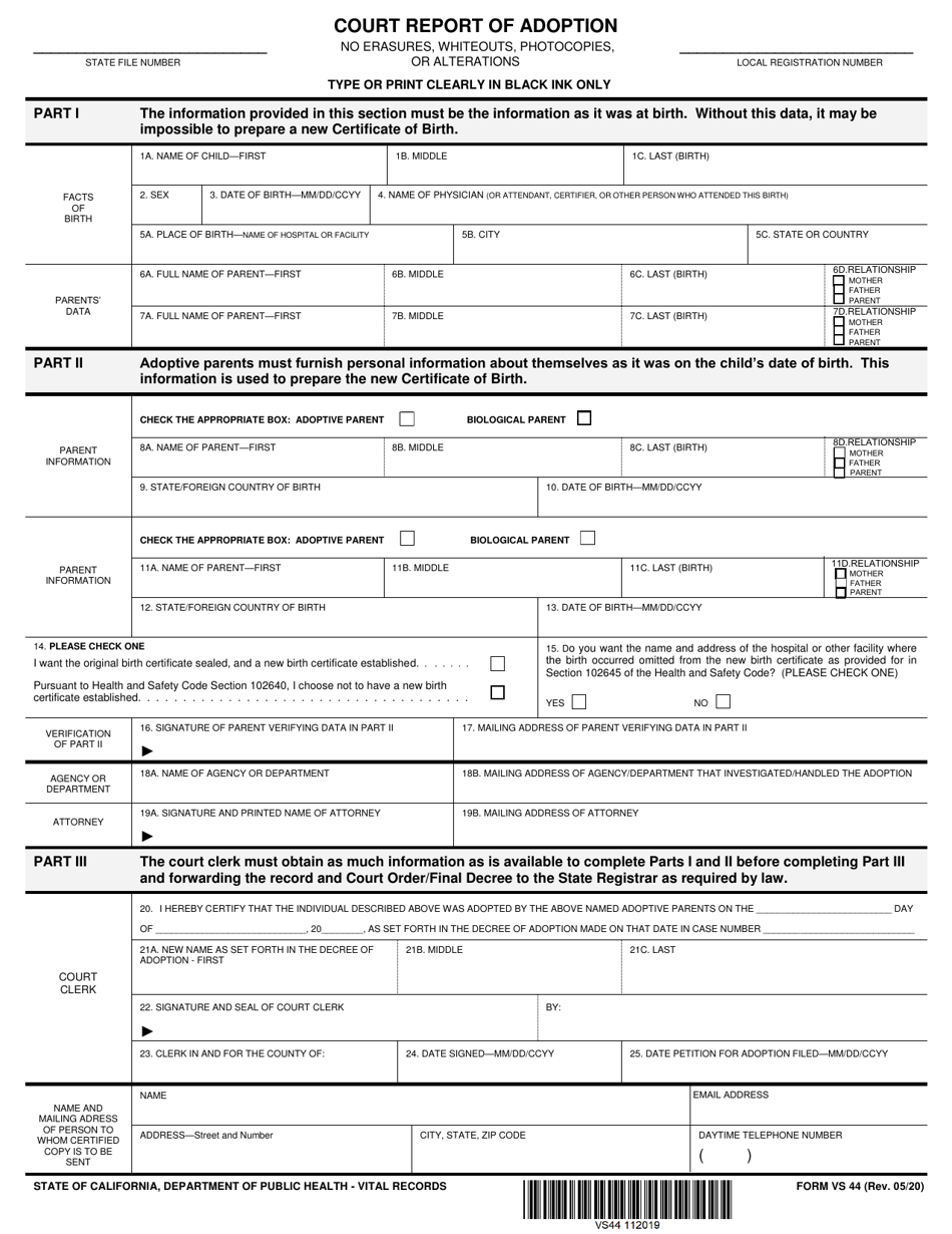 Form VS44 Court Report of Adoption - California, Page 1