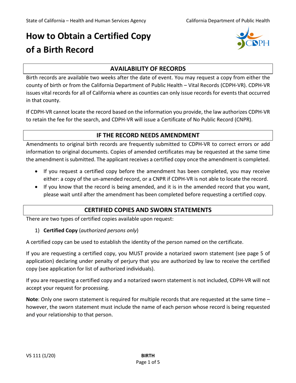 Form VS111 Application for Certified Copy of Birth Record - California, Page 1