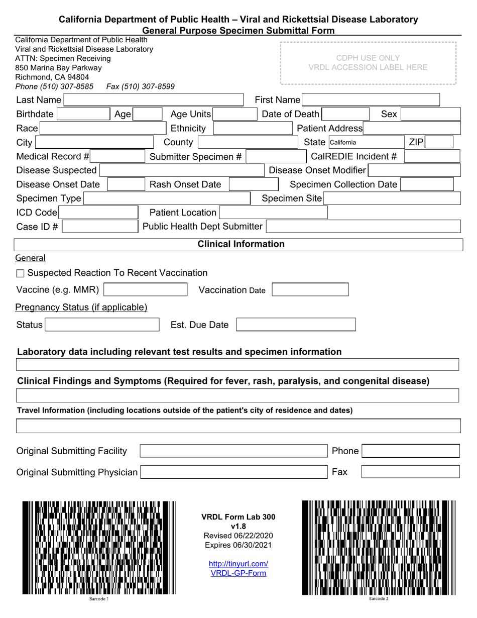 VRDL Form LAB300 General Purpose Specimen Submittal Form - California, Page 1