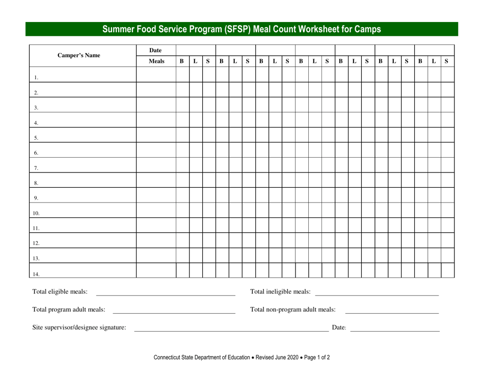 Summer Food Service Program (Sfsp) Meal Count Worksheet for Camps - Connecticut, Page 1