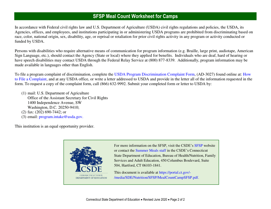 Summer Food Service Program (Sfsp) Meal Count Worksheet for Camps - Connecticut, Page 2