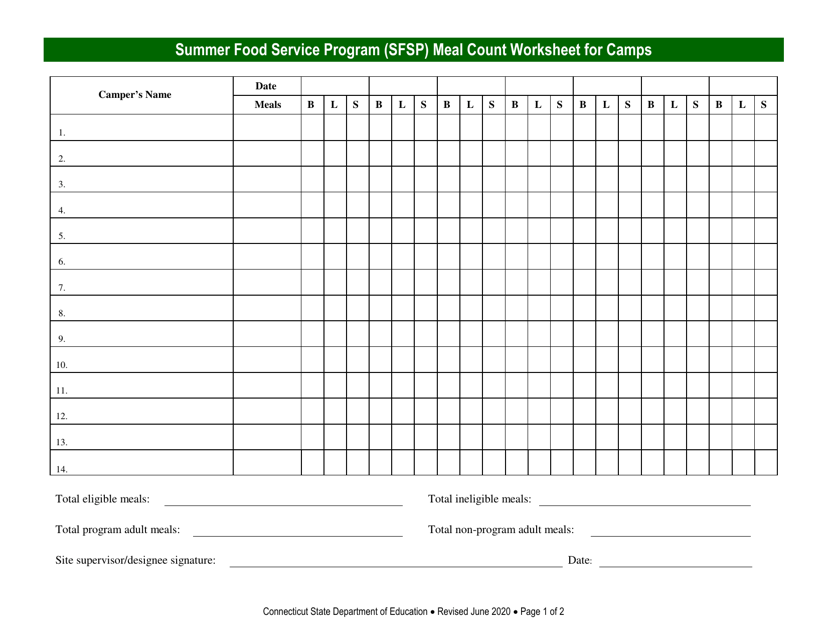 Summer Food Service Program (Sfsp) Meal Count Worksheet for Camps - Connecticut Download Pdf