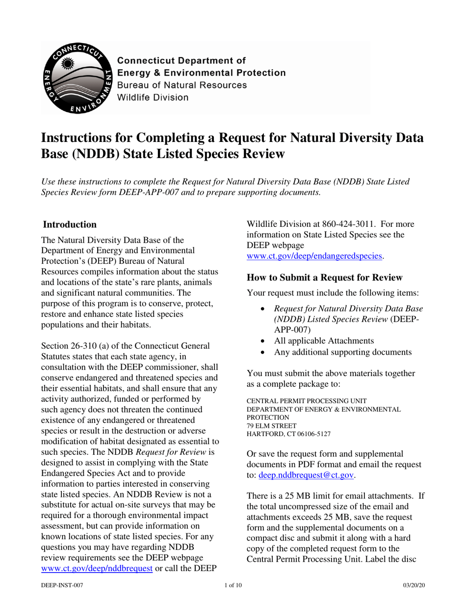 Instructions for Form DEEP-REQ-APP-007 Request for Natural Diversity Data Base (Nddb) State Listed Species Review - Connecticut, Page 1