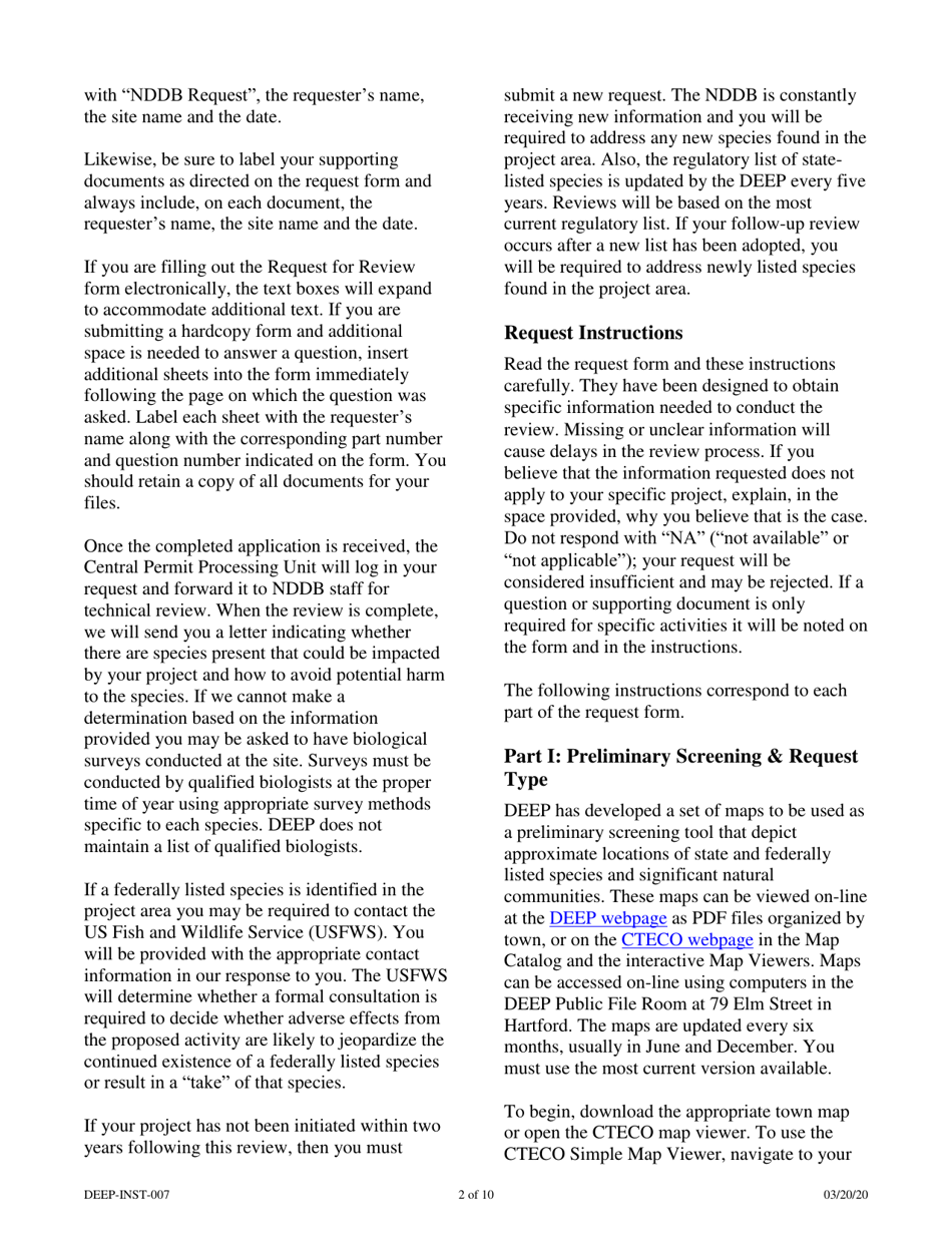 Instructions for Form DEEP-REQ-APP-007 Request for Natural Diversity Data Base (Nddb) State Listed Species Review - Connecticut, Page 2
