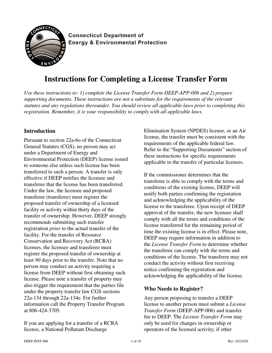 Instructions for Form DEEP-APP-006 License Transfer Form - Connecticut, Page 1