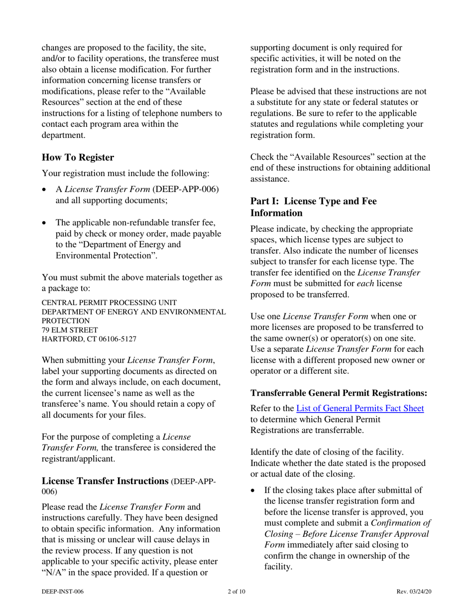 Instructions for Form DEEP-APP-006 License Transfer Form - Connecticut, Page 2