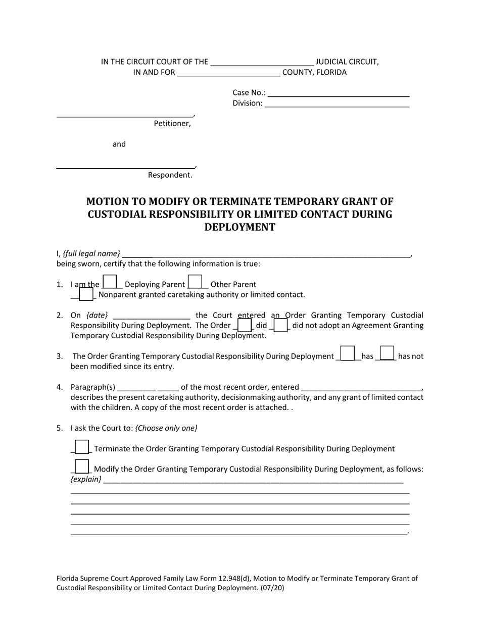 Family Law Form 12.948(D) Motion to Modify or Terminate Temporary Grant of Custodial Responsibility or Limited Contact During Deployment - Florida, Page 3