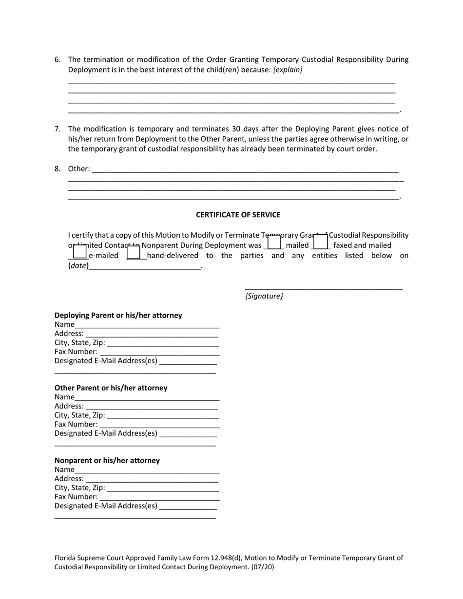 Family Law Form 12.948(D) Motion to Modify or Terminate Temporary Grant of Custodial Responsibility or Limited Contact During Deployment - Florida, Page 4