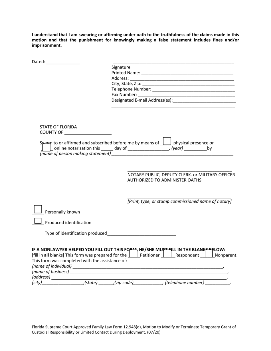 Family Law Form 12.948(D) Motion to Modify or Terminate Temporary Grant of Custodial Responsibility or Limited Contact During Deployment - Florida, Page 5