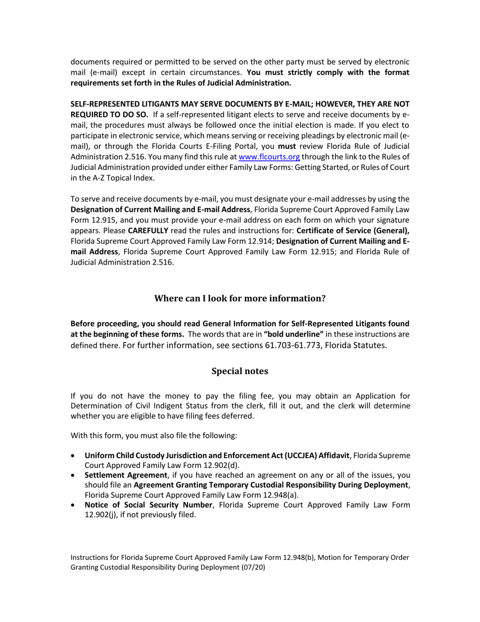 Family Law Form 12.948(B) Motion for Temporary Order Granting Custodial Responsibility During Deployment - Florida, Page 3