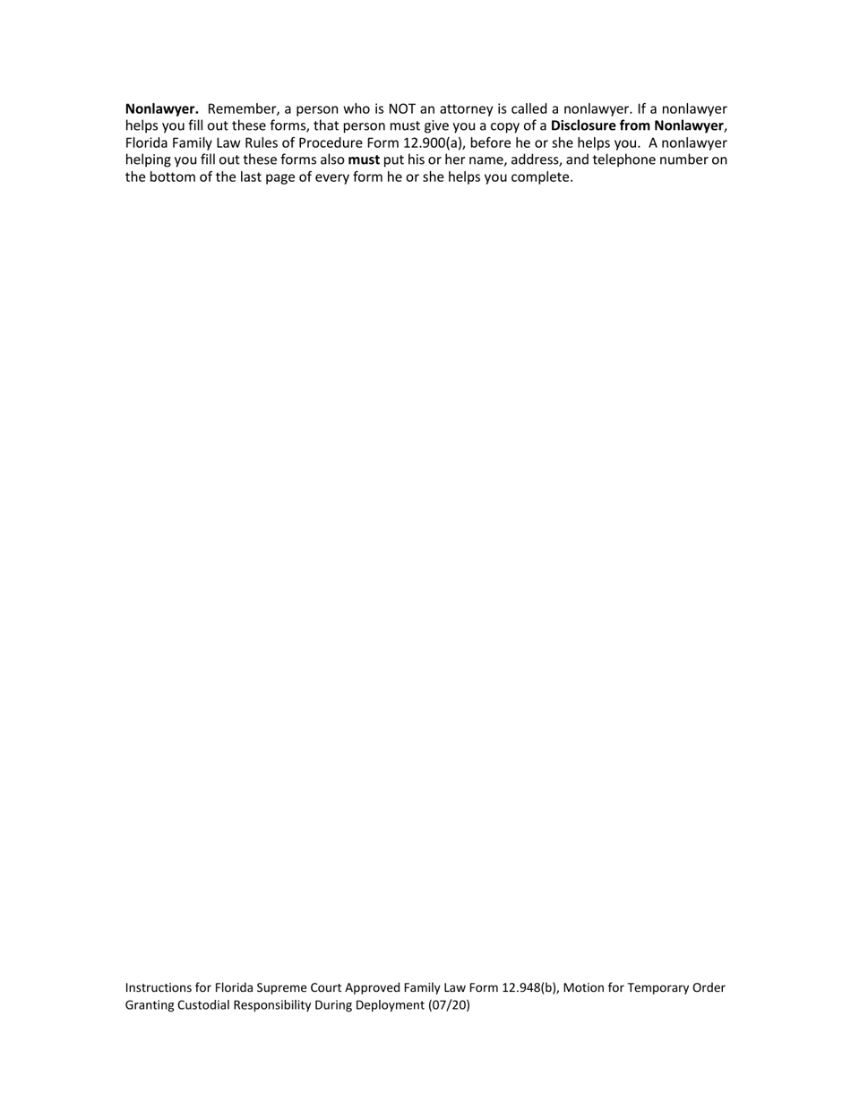 Family Law Form 12.948(B) Motion for Temporary Order Granting Custodial Responsibility During Deployment - Florida, Page 4