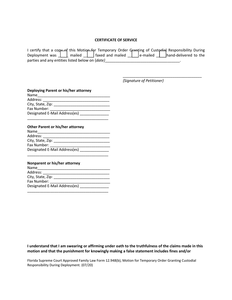 Family Law Form 12.948(B) Motion for Temporary Order Granting Custodial Responsibility During Deployment - Florida, Page 7