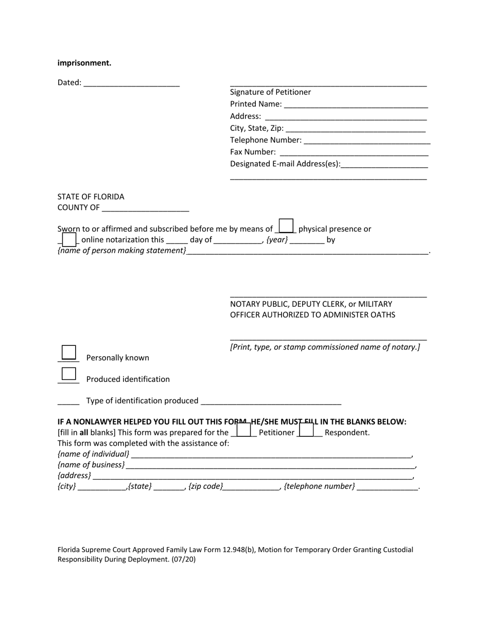 Family Law Form 12.948(B) Motion for Temporary Order Granting Custodial Responsibility During Deployment - Florida, Page 8