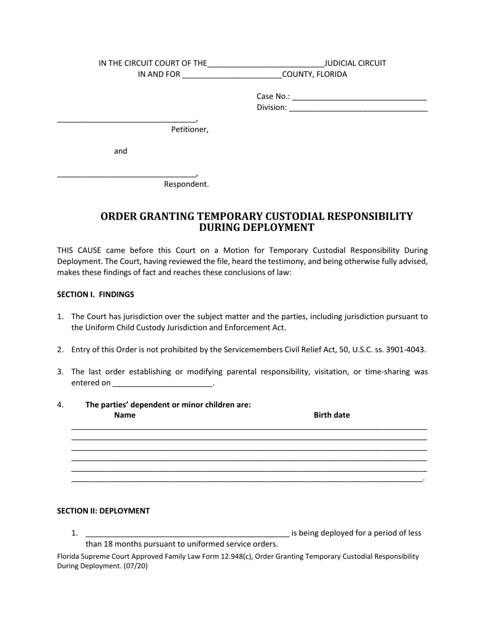 Family Law Form 12.948(C) Order Granting Temporary Custodial Responsibility During Deployment - Florida, Page 1